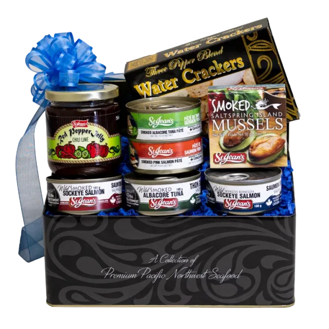 Island Gourmet Tin-008 Island Gourmet Gift basket full of local canned seafood and gourmet pantry items